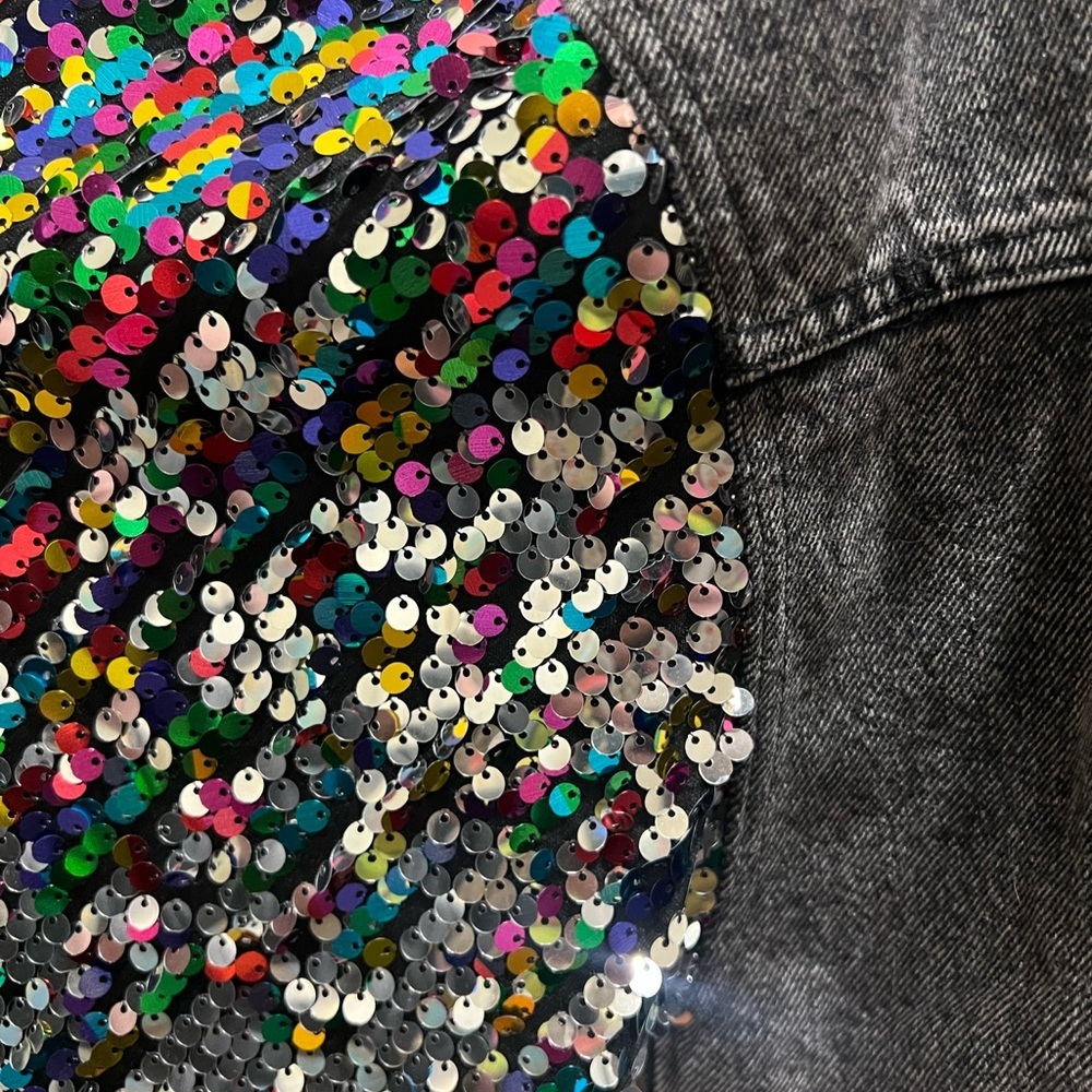 Flying Tomato Sequin Sleeve Denim Jacket Black L New Glam Festival - Picture 7 of 13